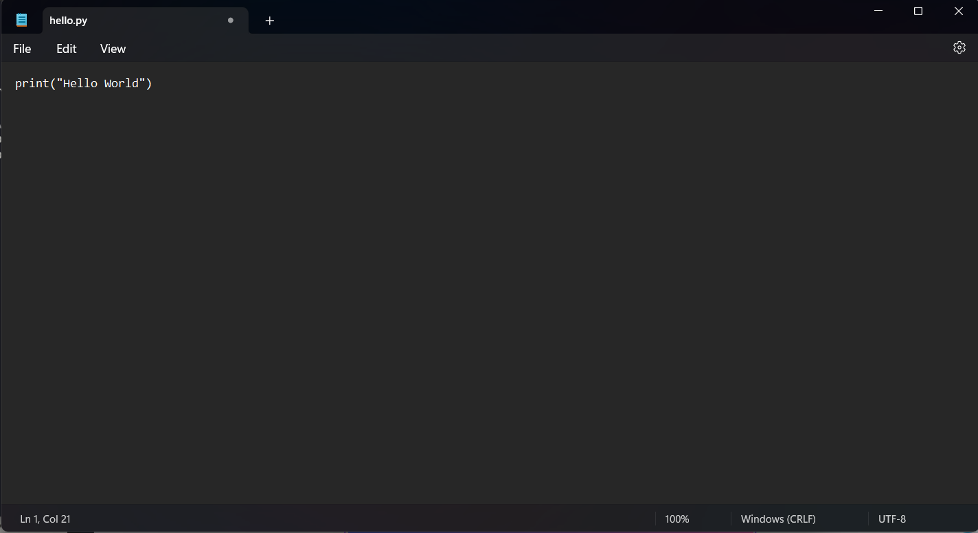 Write hello world program in notepad